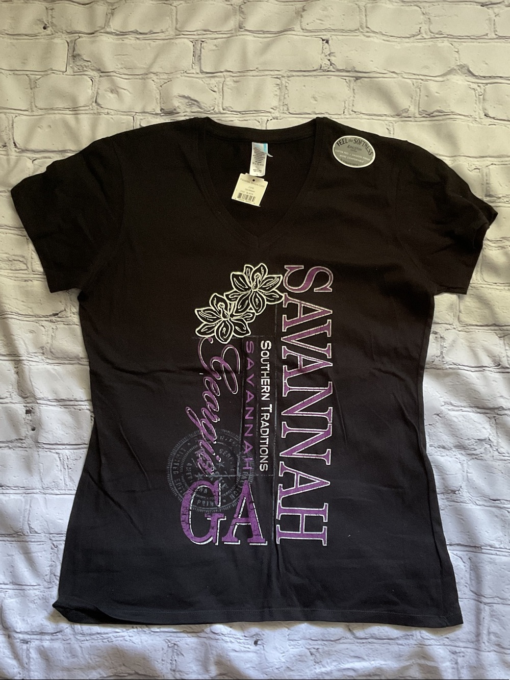 NWT Size Large Savannah Black V‑Neck Tee with Purple Graphic